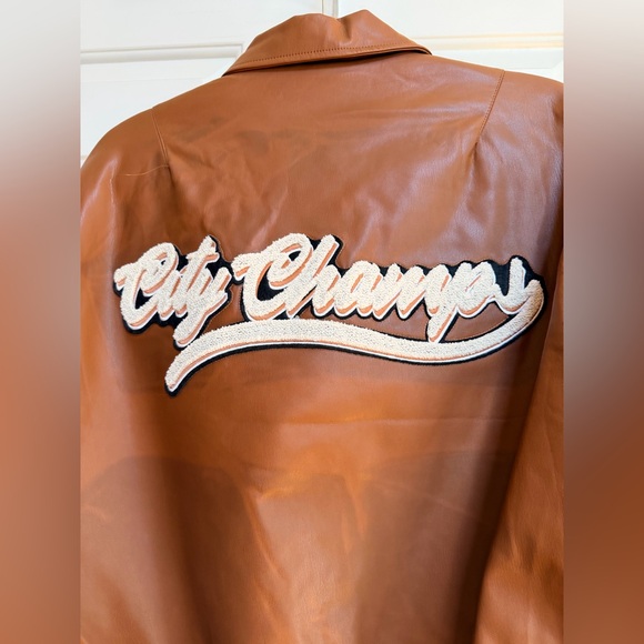 Faux-Leather Varsity Jacket in Brown and Black with Patch Detail - Picture 5 of 13
